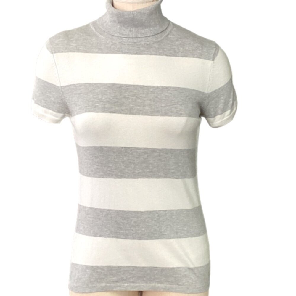 GRACE Striped Short Sleeve Turtleneck‎ Knit Top Sz M Gray & White 255H